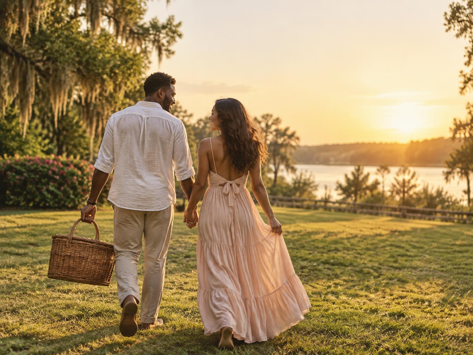 A couple carrying a picnic basket through a sunlit park